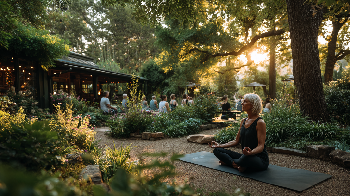 Група старших людей практикує йогу на свіжому повітрі